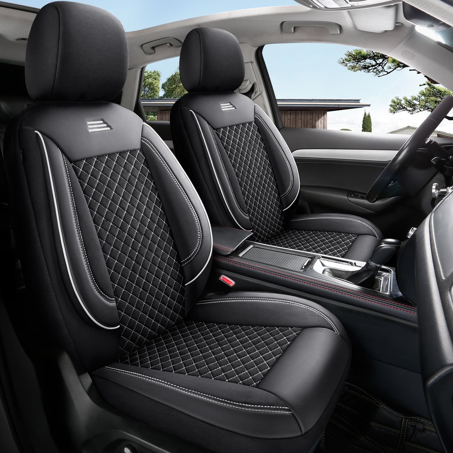 Housses de siège de voiture pour Toyota Corolla E12 in pasvorm | Ensemble complet pour sièges avant | Série AIS - Noir avec surpiqûres blanches