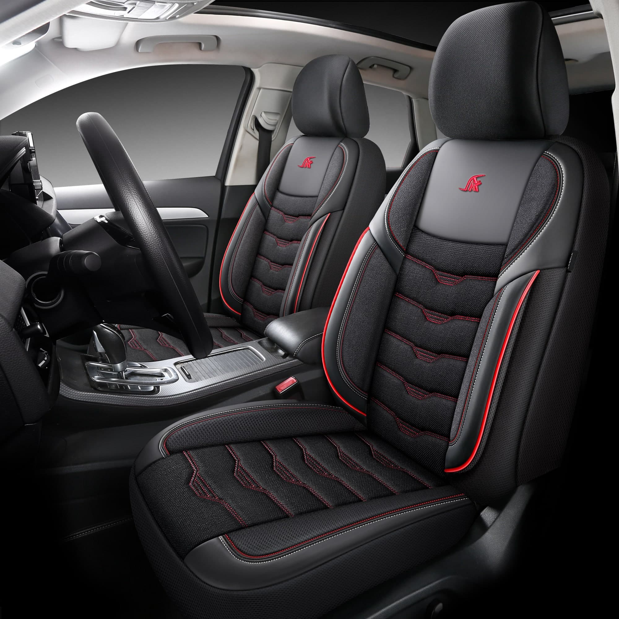 Housses de siège de voiture pour Ford Focus 2 | Ensemble complet pour sièges avant | Série AID - Noir avec surpiqûres rouges