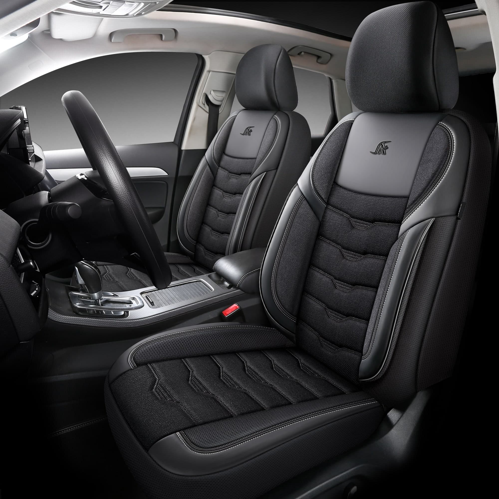 Housses de siège de voiture pour Lexus LS 4 | Ensemble complet pour sièges avant | Série AID - Noir avec surpiqûres noires