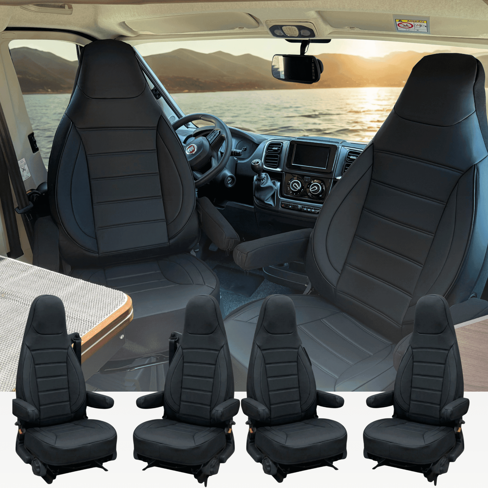 Housses de siège pour camping-car pour Fiat Ducato X290 | Housses avec accoudoirs | Lot de 2 | CBS - Simili cuir noir