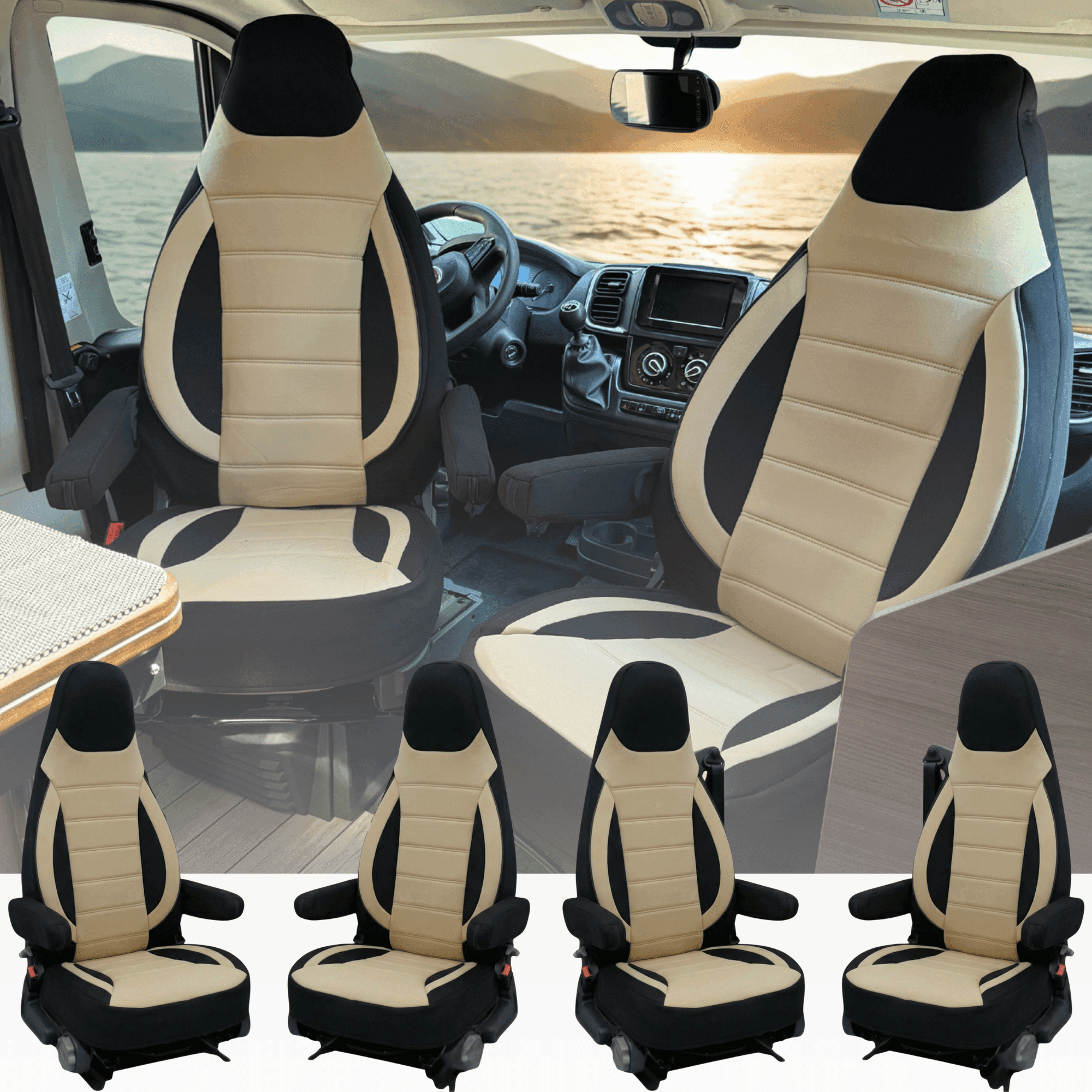 Housses de siège pour Fiat Ducato | Housses avec accoudoirs | CBS - Noir - Beige