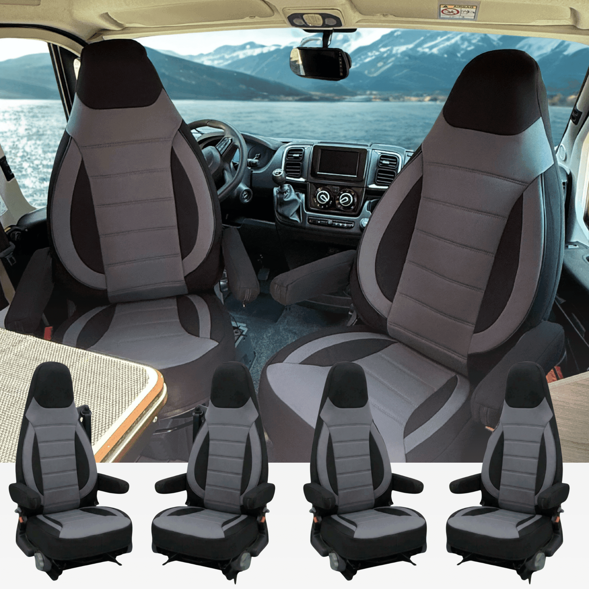 Housses de siège pour camping-car Westfalia James Cook | Avec accoudoirs | Lot de 2 | CBS - Noir - Gris