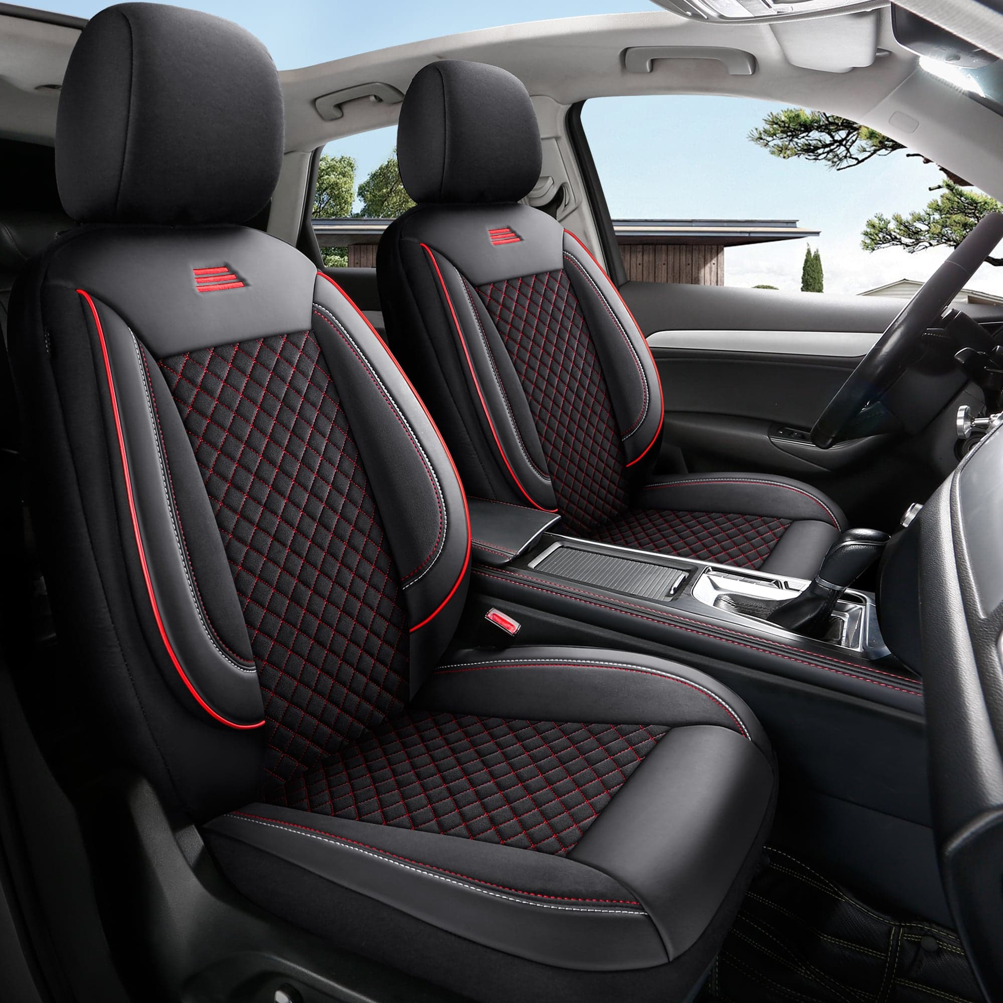 Housses de siège auto pour Chevrolet Trax in pasvorm | Ensemble complet pour les sièges avant | Série AIS - Noir avec surpiqûres rouges