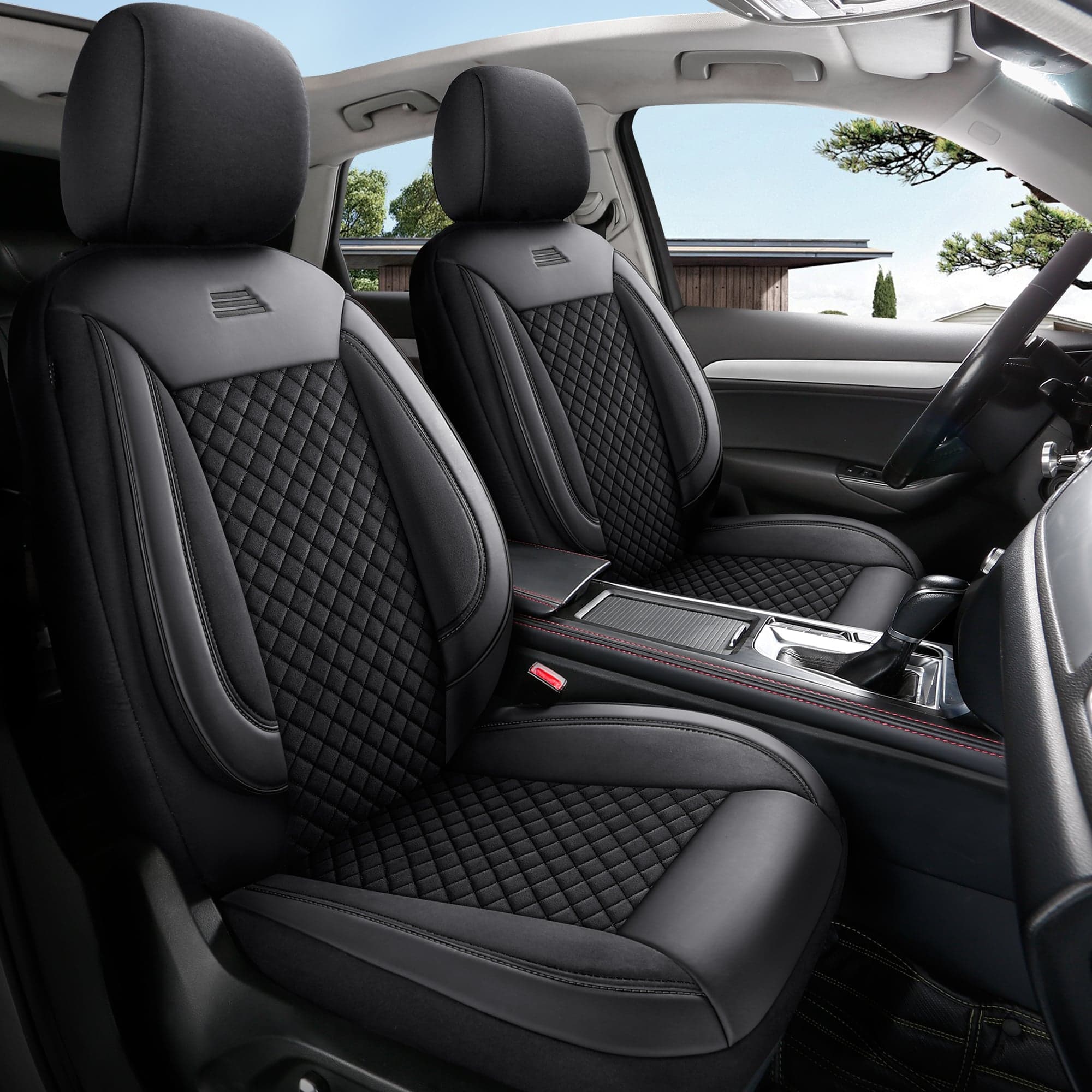 Housses de siège de voiture pour Suzuki Baleno 2 in pasvorm | Ensemble complet pour les sièges avant | Série AIS - Noir avec surpiqûres noires