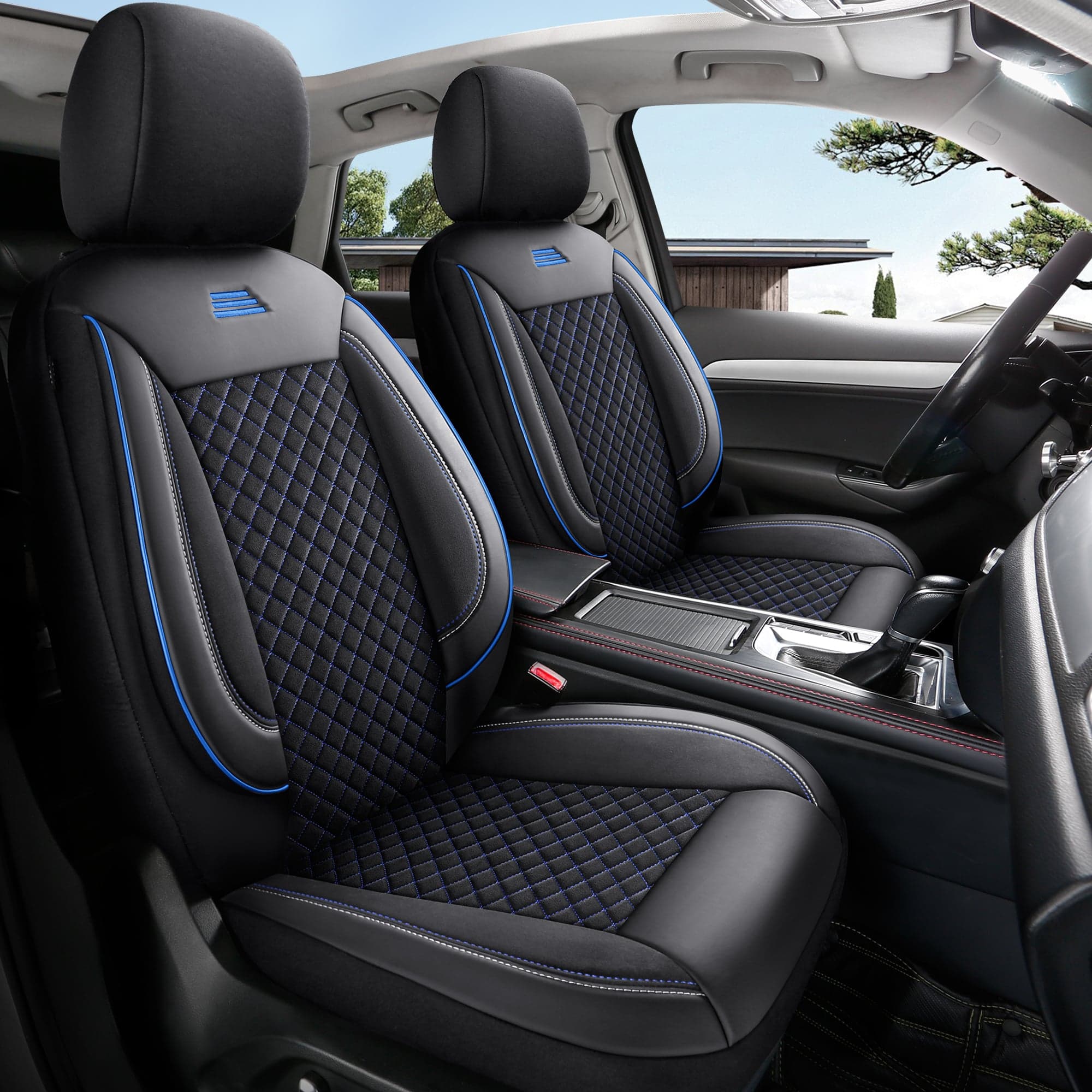 Housses de siège auto pour Renault Captur 2 in pasvorm | Ensemble complet pour sièges avant | Série AIS - Noir avec surpiqûres bleues