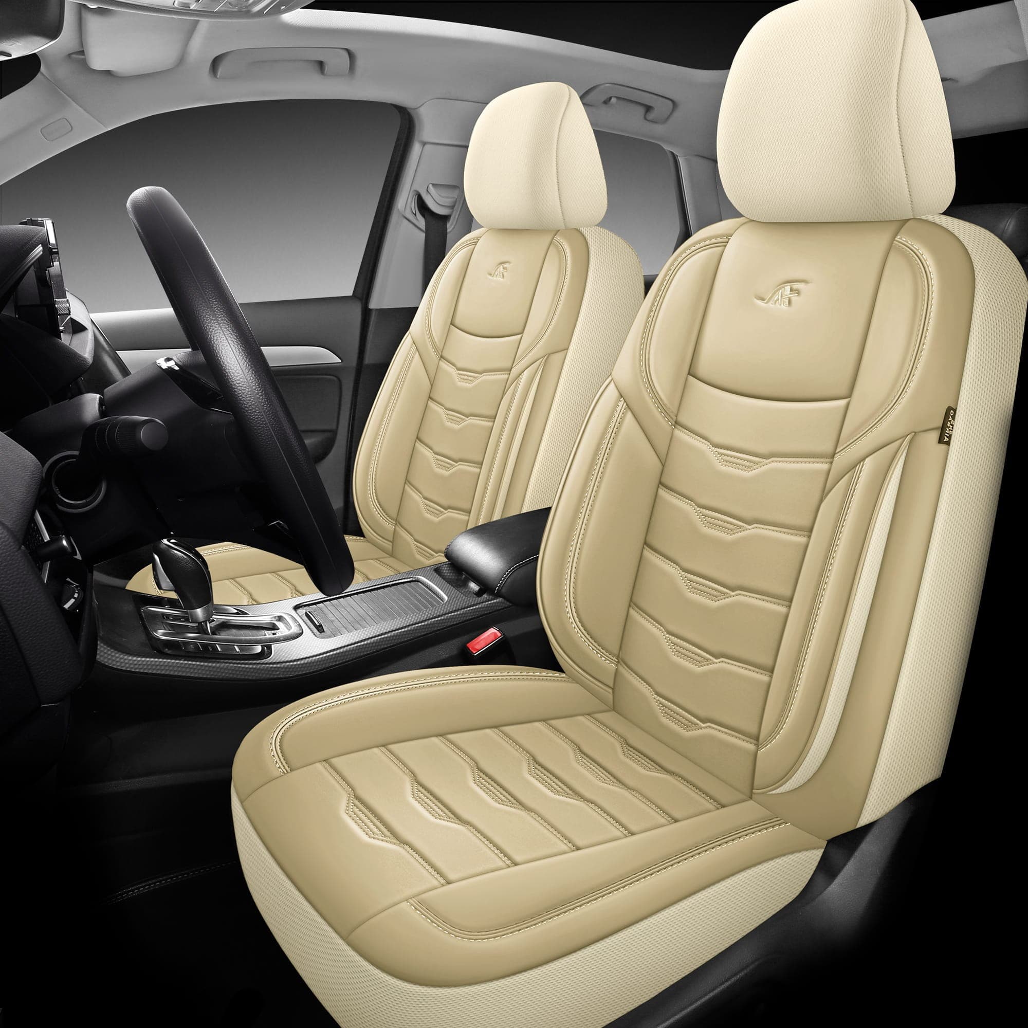 Housses de siège de voiture pour Seat Leon Cupra | Ensemble complet pour sièges avant | Série AID - Beige/simili cuir
