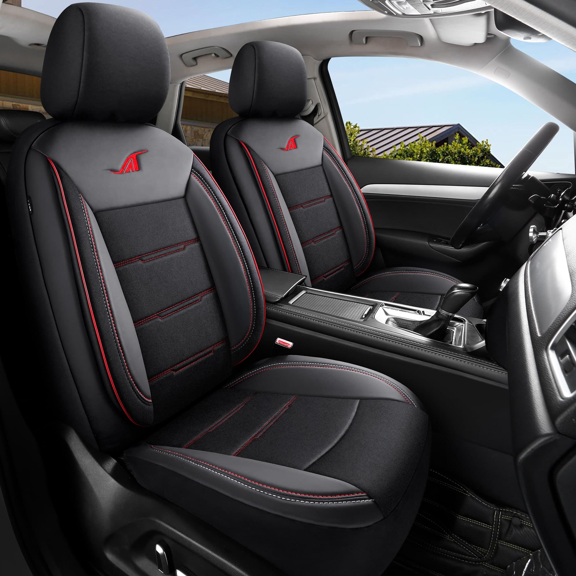 Housses de siège de voiture pour Fiat Panda Typ 169 | Ensemble complet pour sièges avant | Série AIE - Noir avec surpiqûres rouges